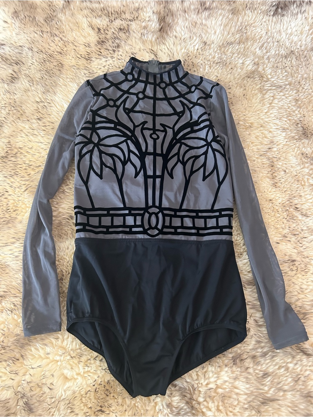 Weissman Balera Dance Leotard Costume Gray  Black Long-Sleeve Bodysuit Velvet La